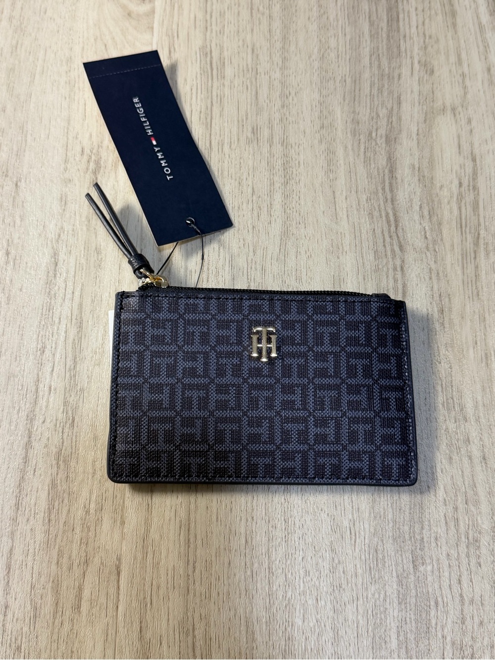 Tommy Hilfiger Navy Monogram Card Pouch with Gold Logo